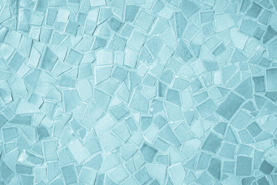 Real photo of broken tiles mosaic. High-resolution blue tile floor texture interior background. Seamless pattern for kitchen wallpapers, cement tile, stone road with blue tile floor and brick texture.