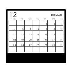 black and white calendar, December 2023 calendar page on white background. Calendar background for reminder, business planning, appointment meeting and event.