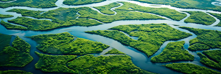 Aerial view of a river delta with lush green vegetation and winding waterways Generative AI