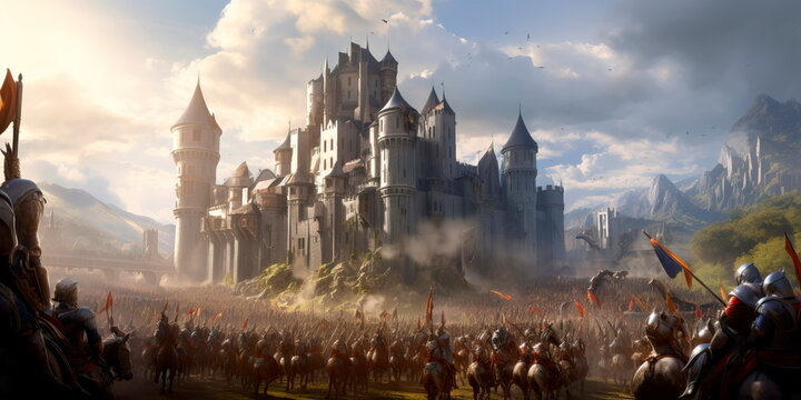 medieval kingdom with a majestic castle and knights in shining armor. Generative AI