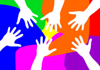 illustration of many human hands on a colorful background