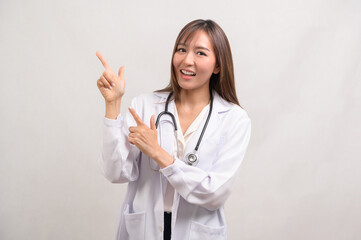 Portrait of female confident doctor over white background studio, healthcare and Medical technology concept