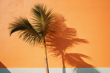Shadow of palm tree on orange wall in the bright sunshine, aesthetic look