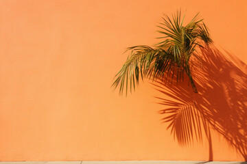Fototapeta na wymiar Shadow of palm tree on orange wall in the bright sunshine, aesthetic look