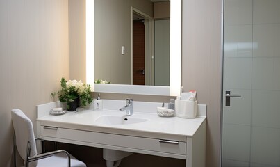 Naklejka na ściany i meble Photo of a modern bathroom sink with a sleek design and a large mirror above