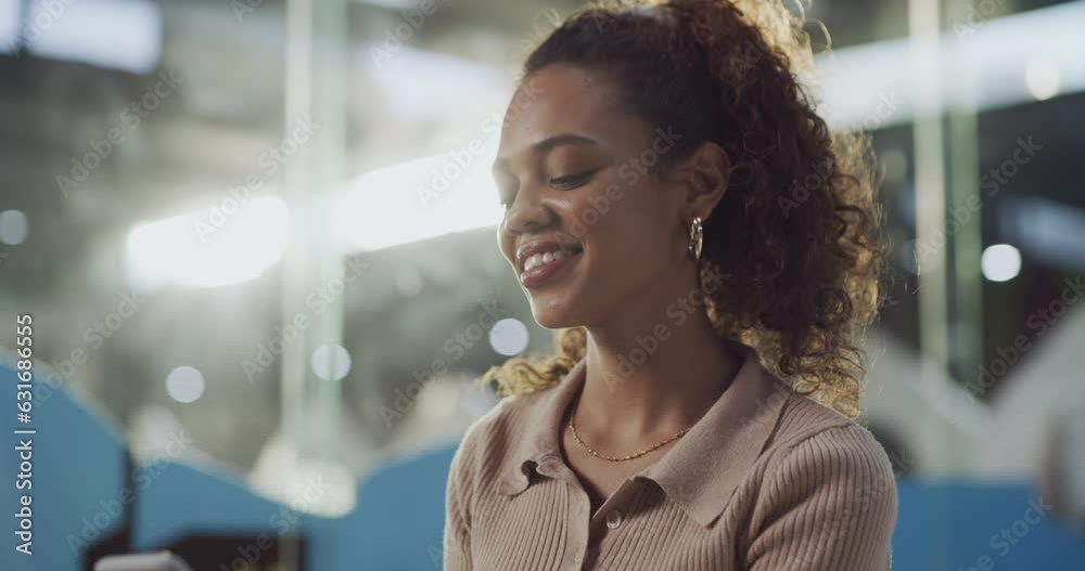 Aufkleber woman, phone and smile portrait for communication, social media or mobile app with internet connecti
