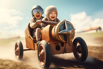 Foto auf Acrylglas Alte Flugzeuge zwei fröhlich lachende Kinder starten im Flieger durch