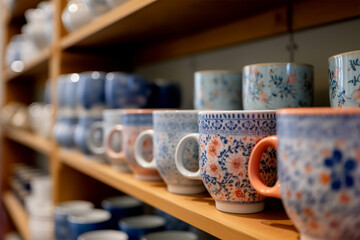 Colorful ceramic drinking mugs on shelf in store