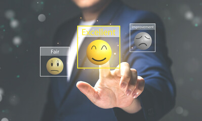 Evaluation of job satisfaction levels or service ratings by customers. Businessman choosing excellent rating at virtual screen