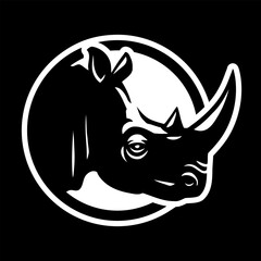 Rhino silhouette, round shape logo on a dark background. Vector illustration.