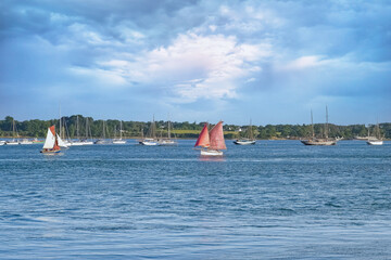 An old sailing ship at the Ile-aux-Moines island, beautiful seascape in the Morbihan gulf, Brittany