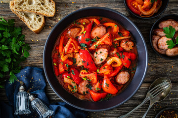 Delicious letcho - vegetables with sausages on wooden table
