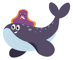 Whale character wearing pirate hat cap vector