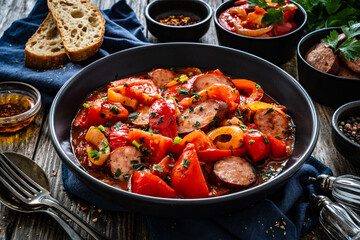 Delicious letcho - vegetables with sausages on wooden table

