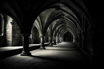 shot of hallway in black and white at the crypt at fountains abbey, aesthetic look - obrazy, fototapety, plakaty