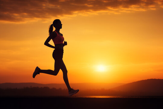 Silhouette athlete runner running in sunset, soft light photography