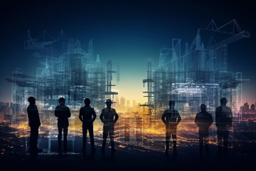 Silhouette Engineer team of the planning industry construction using the digital blueprint