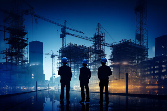 Silhouette Engineer team of the planning industry construction using the digital blueprint