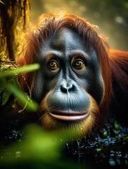 Obraz premium Orangutan in its Natural Habitat, Wildlife Photography, Generative AI