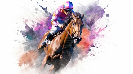 Abstract racing horse with jockey from splash of water.Generative AI