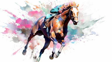 Abstract racing horse with jockey from splash of water.Generative AI