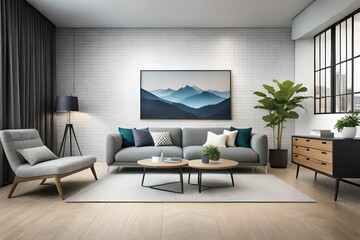 modern living room interior with sofa Wall 3d Mockup render