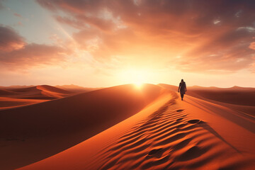 Silhouette of a man walking on the top of the big dune enjoying the dramatic bright desert sunset, aesthetic look - obrazy, fototapety, plakaty