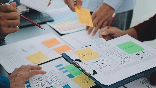 ux Graphic designer creative sketch planning application process development prototype wireframe for web mobile phone . User experience concept.