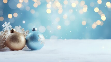 Winter background with Christmas toys in snow, snowflakes, with beautiful light and bokeh on blue sky in evening, copy space. Christmas decoration. generative AI