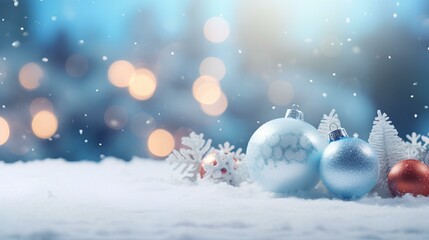 Fototapeta na wymiar Winter background with Christmas toys in snow, snowflakes, with beautiful light and bokeh on blue sky in evening, copy space. Christmas decoration. generative AI