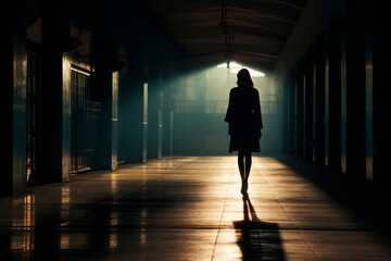 Silhouette of a woman Walking toward corridor light, aesthetic look