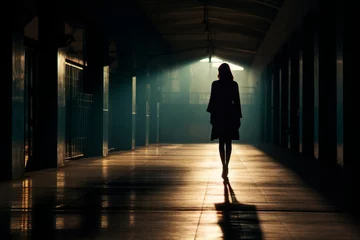 Muurstickers Silhouette of a woman Walking toward corridor light, aesthetic look © alisaaa