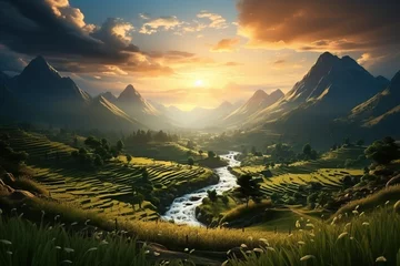 Fotobehang Mu Cang Chai Rice fields on terraced. Generated with AI