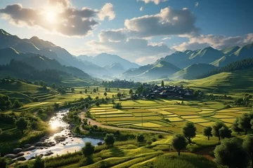 Papier Peint photo Mu Cang Chai Rice fields on terraced. Generated with AI