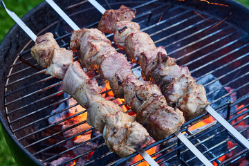 grilled marinated pork meat skewers