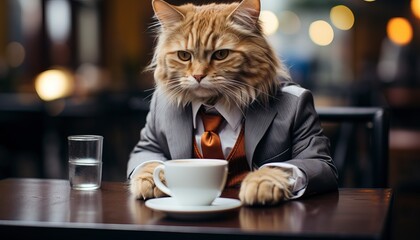 A cat in a suit with coffee