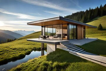 A passive solar house emerges like a masterpiece of architecture, adorned with large windows and modern furniture - Generative AI