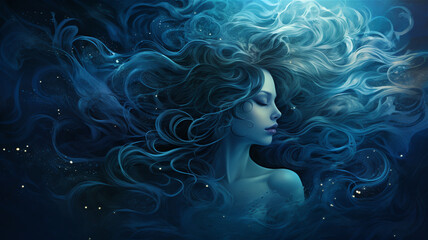 A blue illustration with a woman with long hair. Wallpaper or graphic asset.