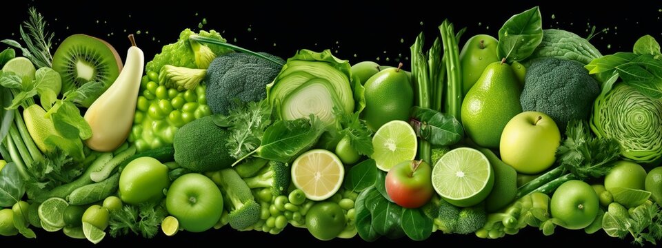 Banner layout of green fruits and vegetables. 
