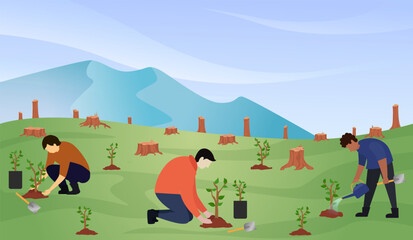 Obraz na płótnie Canvas Reforestation vector illustration, Activist and volunteer doing reforestation, Earth day website concept