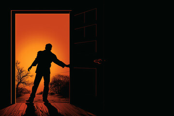 Silhouette of Man pushing door open, aesthetic look