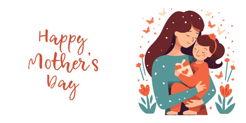 Mother's Day greeting card. A flat hand-drawn vector illustration of a Mother hugging her daughter in her arms on a floral background.