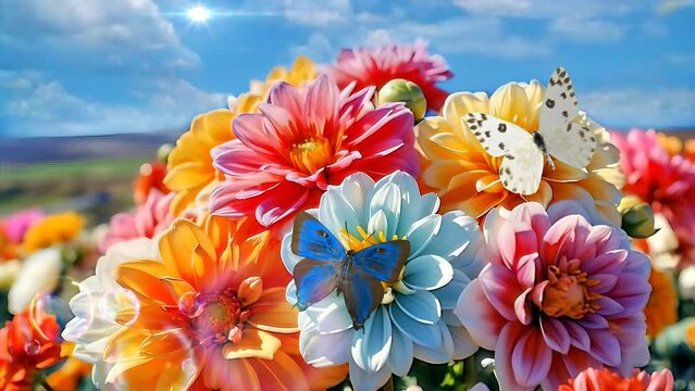 close up colorful flowers with butterflies. blue skies backgound. summer spring scene seamless looping 4k animation