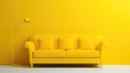 Yellow Wall and Couch: A Comfortable and Relaxing Background for Virtual Meetings with A Minimalist and Elegant Home Decor with a Sofa, Cushions, and a Floor Lamp AI Generated