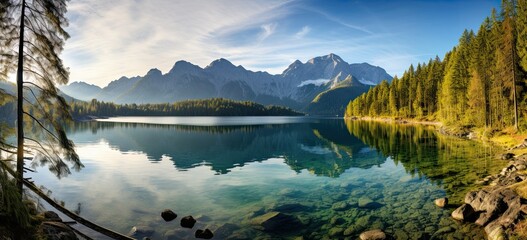Panoramic view of serene lake at sunrise with majestic mountain range backdrop. Capturing stunning beauty of nature. Concept of breathtaking landscape and travel.