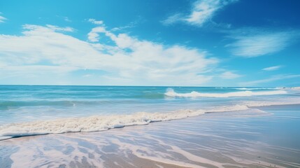Panorama of calm ocean and blue sky with clouds reflected in the water. Beautiful landscape with clouds and blue sky. generative AI
