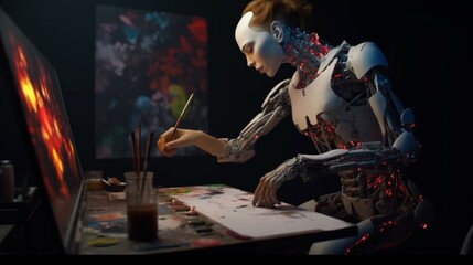 Cyborg Ai Humanoid robot artist painting and paints.Generative AI