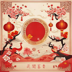 May prosperity Blossom, Chinese New Year Elements with flowers, lantern, red and golden coin, and holy phoenix, wish you prosperity, richness, and fortune