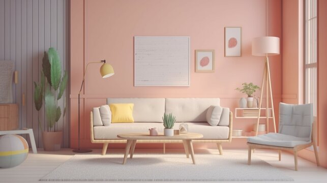 Interior of pastel tone light modern living room with.Generative AI