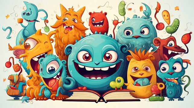 AI generated, vector illustration. Group of funny happy characters or monsters on a wooden desk. Back to school theme. Multi colored illustration. Books and pencils. Education.